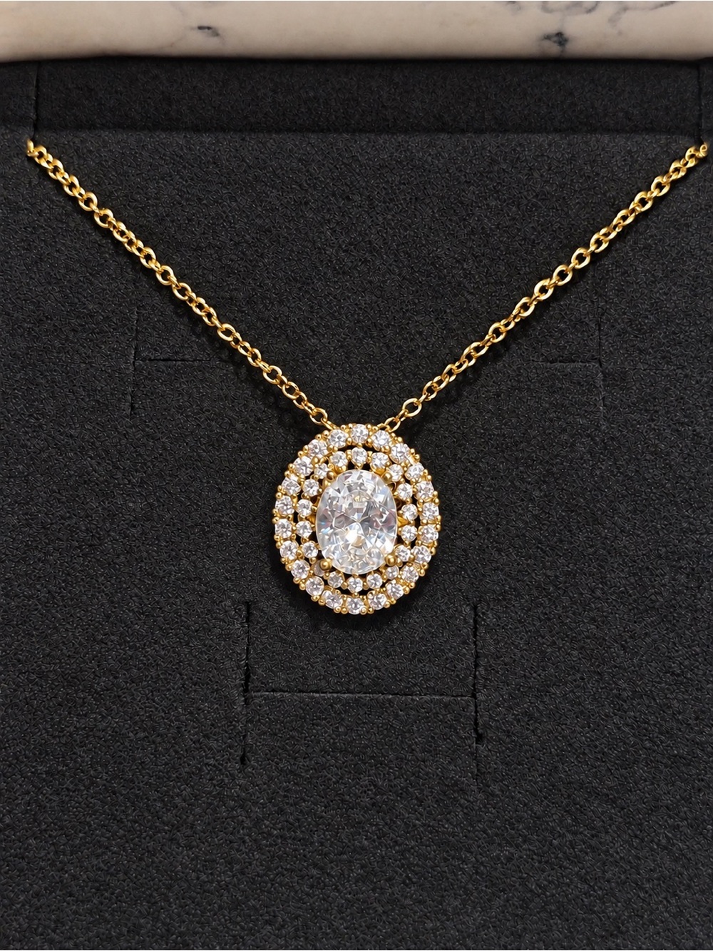 Gold Halo Oval Cubic Zirconia Pendant Necklace - Women Jewelry